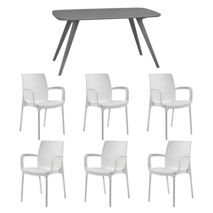 Set mobila bucatarie/sufragerie RAKI, masa gri 140x80xh75cm Keatley MDF/metal si 6 scaune polipropilena Sunset Rattan 57x57xh84cm albe