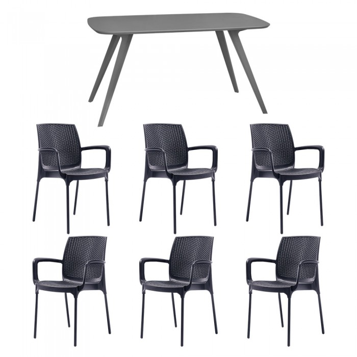Set mobila bucatarie/sufragerie RAKI, masa gri 140x80xh75cm Keatley MDF/metal si 6 scaune polipropilena Sunset Rattan 57x57xh84cm antracit