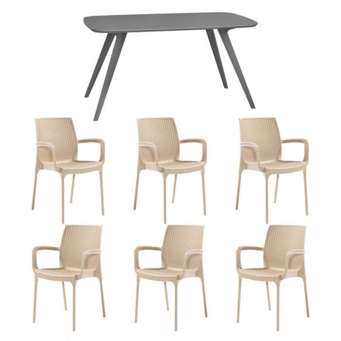 Set mobila bucatarie/sufragerie RAKI, masa gri 140x80xh75cm Keatley MDF/metal si 6 scaune polipropilena Sunset Rattan 57x57xh84cm cappuccino