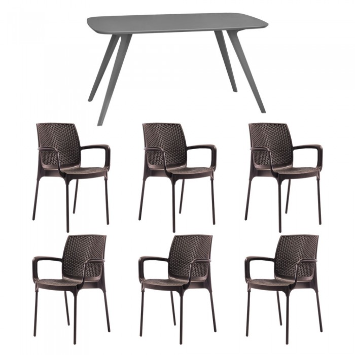 Set mobila bucatarie/sufragerie RAKI, masa gri 140x80xh75cm Keatley MDF/metal si 6 scaune polipropilena Sunset Rattan 57x57xh84cm maro
