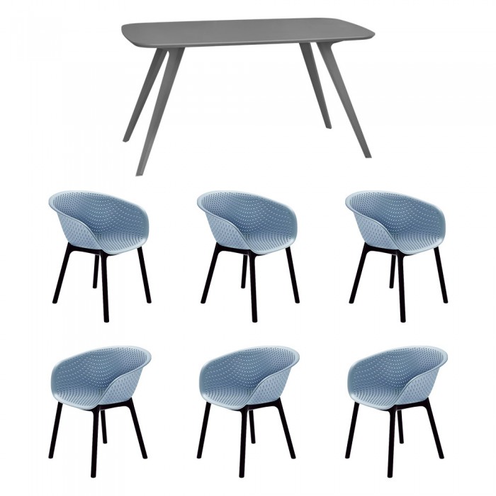 Set mobila bucatarie/sufragerie RAKI, masa gri 140x80xh75cm Keatley MDF/metal si 6 scaune polipropilena tip fotoliu Havana 61x64xh74cm albastre