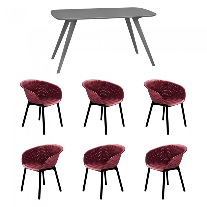 Set mobila bucatarie/sufragerie RAKI, masa gri 140x80xh75cm Keatley MDF/metal si 6 scaune polipropilena tip fotoliu Havana 61x64xh74cm bordo