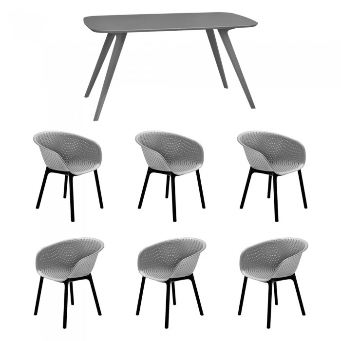 Set mobila bucatarie/sufragerie RAKI, masa gri 140x80xh75cm Keatley MDF/metal si 6 scaune polipropilena tip fotoliu Havana 61x64xh74cm gri
