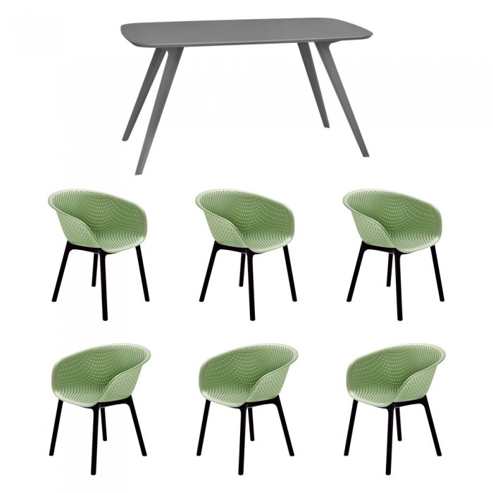 Set mobila bucatarie/sufragerie RAKI, masa gri 140x80xh75cm Keatley MDF/metal si 6 scaune polipropilena tip fotoliu Havana 61x64xh74cm verzi