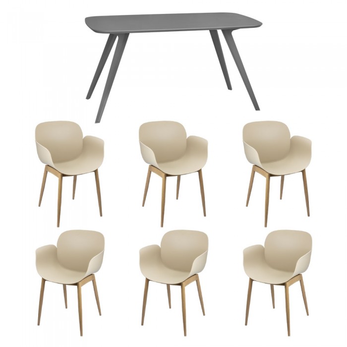 Set mobila bucatarie/sufragerie RAKI, masa gri 140x80xh75cm Keatley MDF/metal si 6 scaune plastic cu picioare metalice Tulsa bej 58x54xh82cm