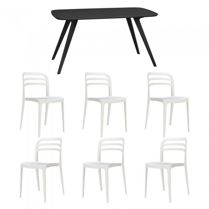 Set mobila bucatarie/sufragerie RAKI, masa neagra 140x80xh75cm Keatley MDF/metal si 6 scaune polipropilena Aspen 46x51xh82cm albe