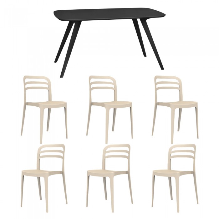Set mobila bucatarie/sufragerie RAKI, masa neagra 140x80xh75cm Keatley MDF/metal si 6 scaune polipropilena Aspen 46x51xh82cm bej