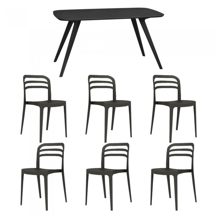 Set mobila bucatarie/sufragerie RAKI, masa neagra 140x80xh75cm Keatley MDF/metal si 6 scaune polipropilena Aspen 46x51xh82cm negre