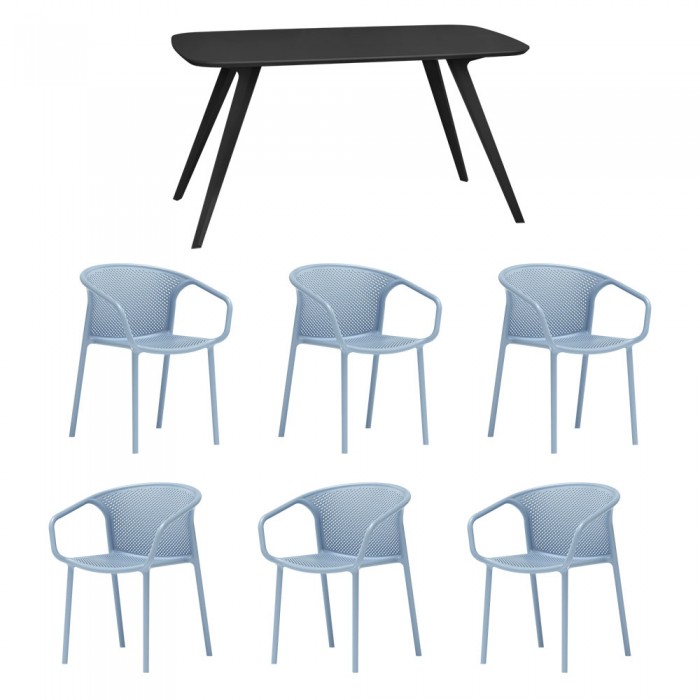 Set mobila bucatarie/sufragerie RAKI, masa neagra 140x80xh75cm Keatley MDF/metal si 6 scaune polipropilena cu spatar rotunjit Chicago 57x57xh77cm albastre