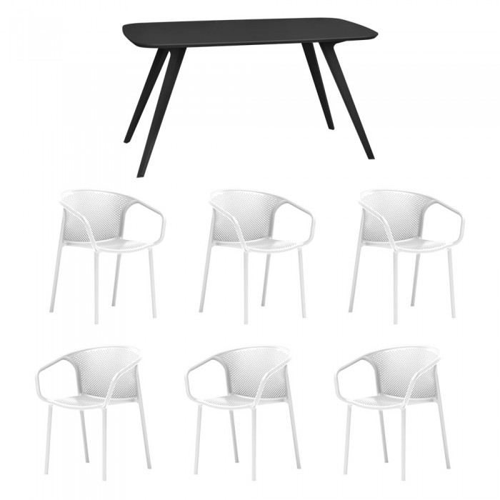 Set mobila bucatarie/sufragerie RAKI, masa neagra 140x80xh75cm Keatley MDF/metal si 6 scaune polipropilena cu spatar rotunjit Chicago 57x57xh77cm albe