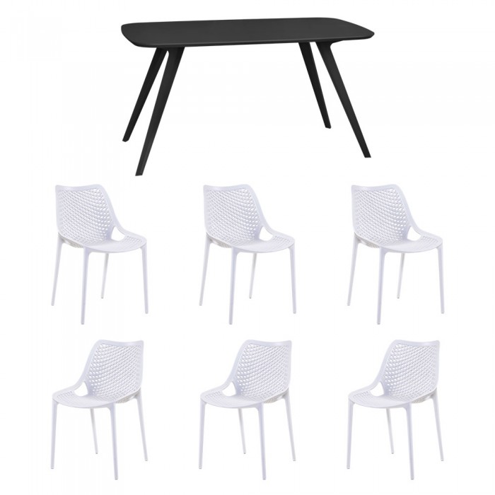Set mobila bucatarie/sufragerie RAKI, masa neagra 140x80xh75cm Keatley MDF/metal si 6 scaune polipropilena London Air 61x51xh82cm albe