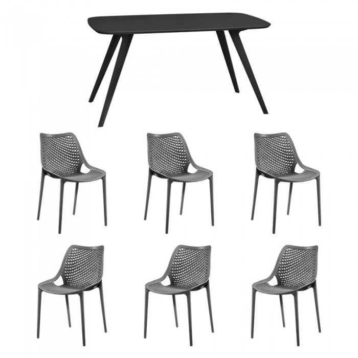 Set mobila bucatarie/sufragerie RAKI, masa neagra 140x80xh75cm Keatley MDF/metal si 6 scaune polipropilena London Air 61x51xh82cm gri
