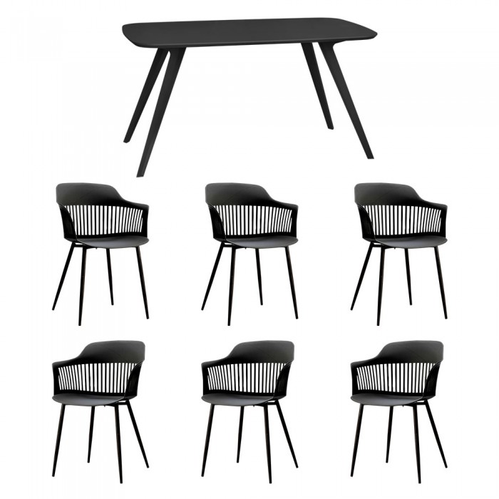 Set mobila bucatarie/sufragerie RAKI, masa neagra 140x80xh75cm Keatley MDF/metal si 6 scaune polipropilena/picioare metalice Florida 53x59xh81cm negre