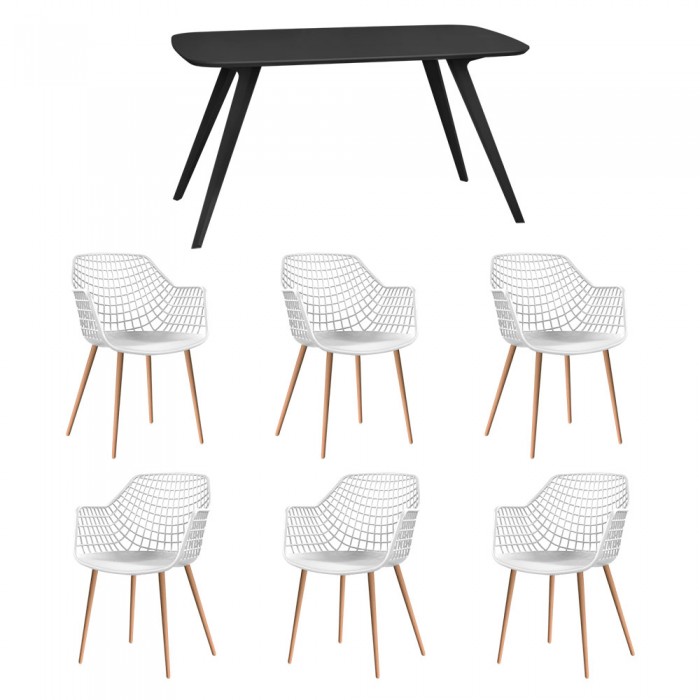Set mobila bucatarie/sufragerie RAKI, masa neagra 140x80xh75cm Keatley MDF/metal si 6 scaune polipropilena/picioare metalice Toyama 56x57xh84cm albe