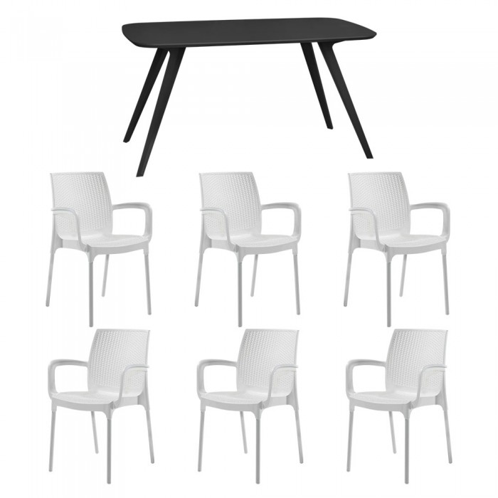 Set mobila bucatarie/sufragerie RAKI, masa neagra 140x80xh75cm Keatley MDF/metal si 6 scaune polipropilena Sunset Rattan 57x57xh84cm albe