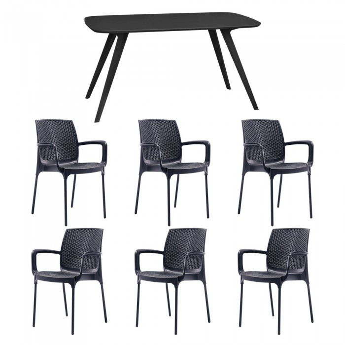 Set mobila bucatarie/sufragerie RAKI, masa neagra 140x80xh75cm Keatley MDF/metal si 6 scaune polipropilena Sunset Rattan 57x57xh84cm antracit