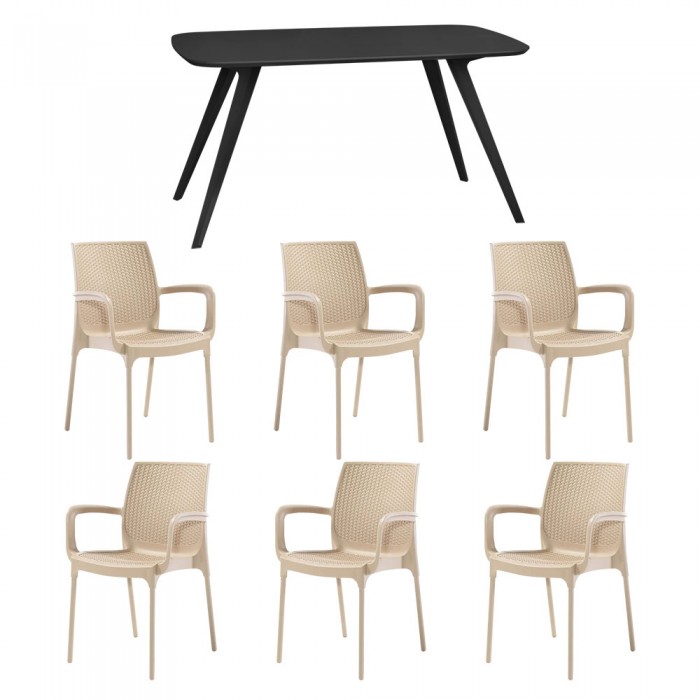 Set mobila bucatarie/sufragerie RAKI, masa neagra 140x80xh75cm Keatley MDF/metal si 6 scaune polipropilena Sunset Rattan 57x57xh84cm cappuccino