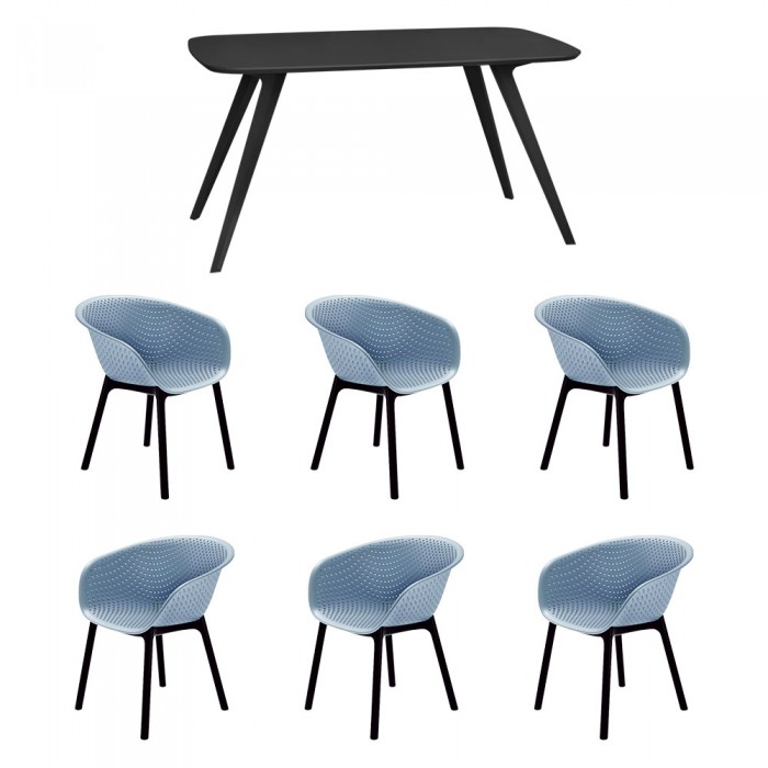 Set mobila bucatarie/sufragerie RAKI, masa neagra 140x80xh75cm Keatley MDF/metal si 6 scaune polipropilena tip fotoliu Havana 61x64xh74cm albastre