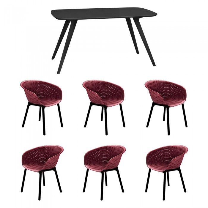 Set mobila bucatarie/sufragerie RAKI, masa neagra 140x80xh75cm Keatley MDF/metal si 6 scaune polipropilena tip fotoliu Havana 61x64xh74cm bordo