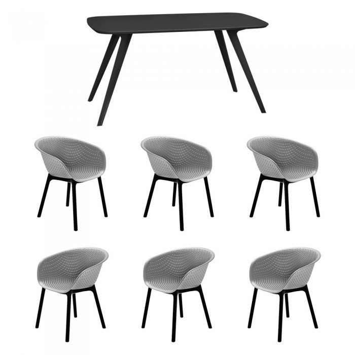 Set mobila bucatarie/sufragerie RAKI, masa neagra 140x80xh75cm Keatley MDF/metal si 6 scaune polipropilena tip fotoliu Havana 61x64xh74cm gri
