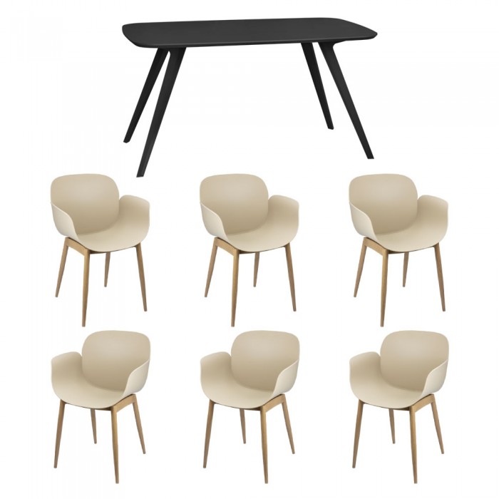Set mobila bucatarie/sufragerie RAKI, masa neagra 140x80xh75cm Keatley MDF/metal si 6 scaune plastic cu picioare metalice Tulsa bej 58x54xh82cm