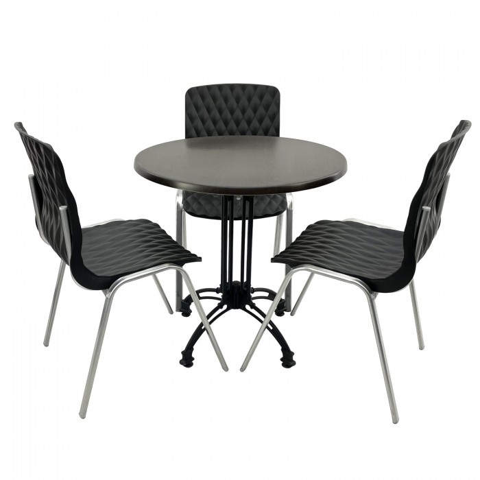 Set mobila cafenea RAKI, masa rotunda D70cm cu blat Werzalit New Wenge si baza retro neagra din aluminiu, 3 scaune Royal negre