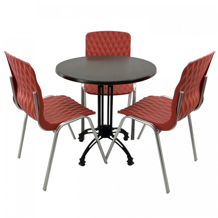 Set mobila cafenea RAKI, masa rotunda D70cm cu blat Werzalit New Wenge si baza retro neagra din aluminiu, 3 scaune Royal rosii