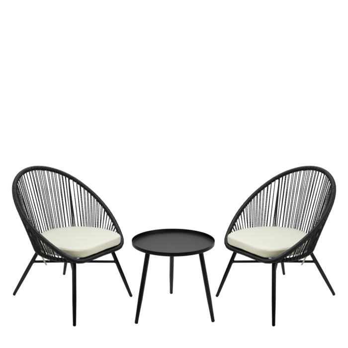 Set mobila de gradina RAKI NAPA Polyrattan Gray, 2 scaune cu perne si masa, cadru metalic, negru/gri