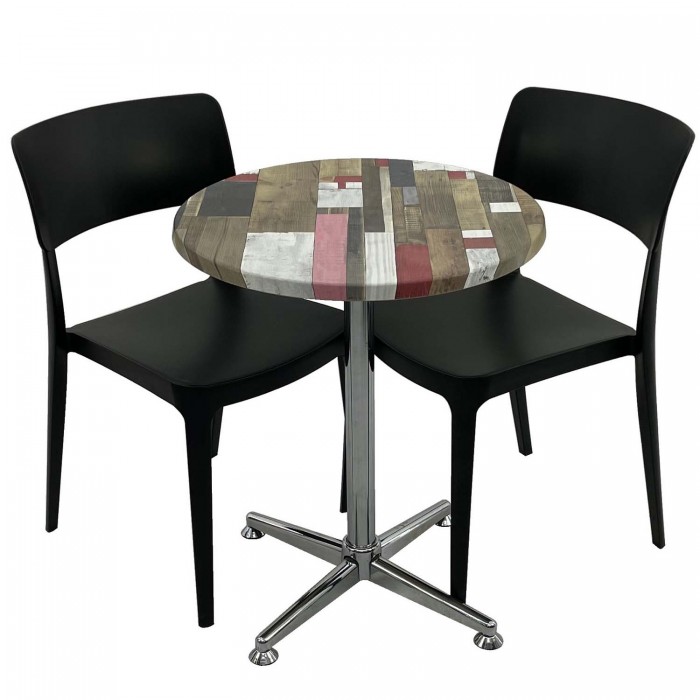 Set mobila de terasa, cafenea RAKI Redden Wood, masa rotunda D60cm cu blat werzalit si baza crom clasica, 2 scaune PANO negre