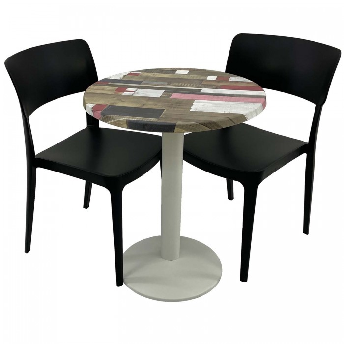 Set mobila de terasa, cafenea RAKI Redden Wood, masa rotunda D60cm cu blat werzalit si baza metalica culoare alba, 2 scaune PANO negre