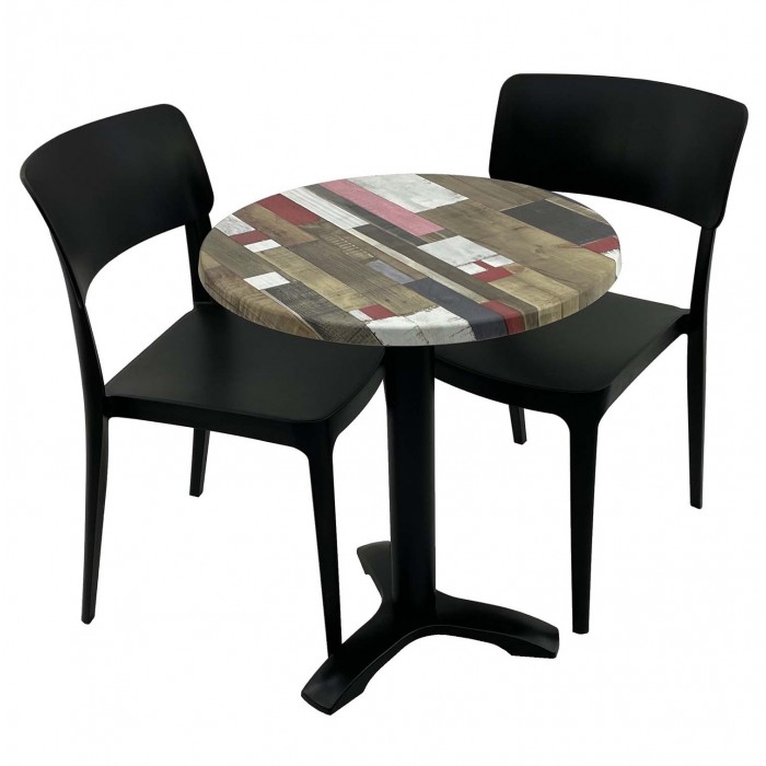 Set mobila de terasa, cafenea RAKI Redden Wood, masa rotunda D60cm cu blat werzalit si picior metalic negru, 2 scaune PANO negre