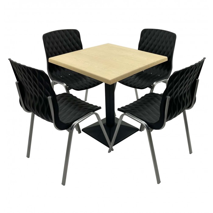 Set mobila de terasa, restaurant RAKI MAPLE, masa patrata 70x70cm cu blat werzalit si baza metalica culoare neagra si 4 scaune ROYAL negre