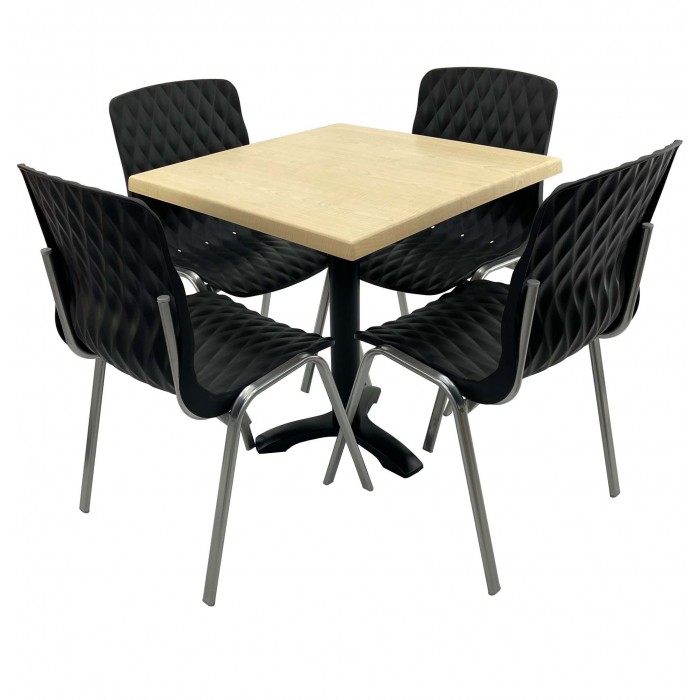Set mobila de terasa, restaurant RAKI MAPLE, masa patrata 70x70cm cu blat werzalit si baza metalica neagra si 4 scaune ROYAL negre
