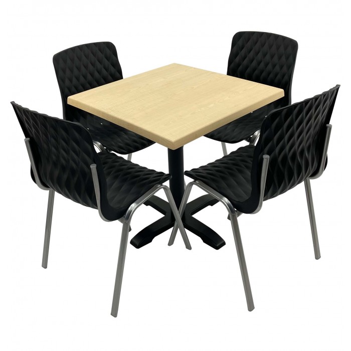 Set mobila de terasa, restaurant RAKI MAPLE, masa patrata 70x70cm cu blat werzalit si baza metalica si 4 scaune ROYAL negre