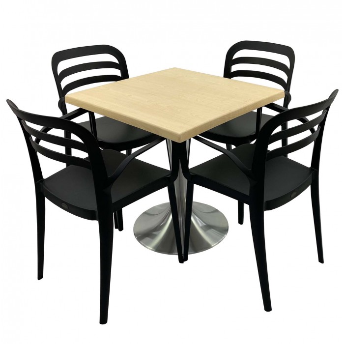 Set mobila de terasa, restaurant RAKI MAPLE, masa patrata 80x80cm cu blat werzalit si baza din aluminiu si 4 scaune negre ASPENDOS cu brate