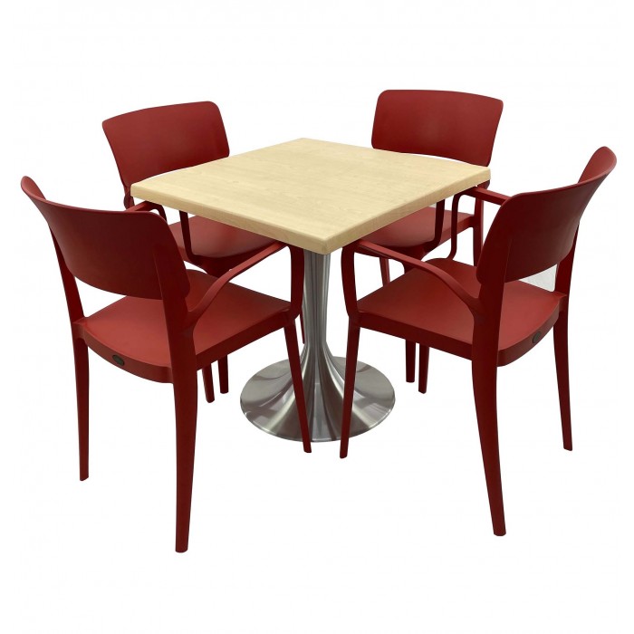 Set mobila de terasa, restaurant RAKI MAPLE, masa patrata 80x80cm cu blat werzalit si baza din aluminiu si 4 scaune rosii PANORA cu brate