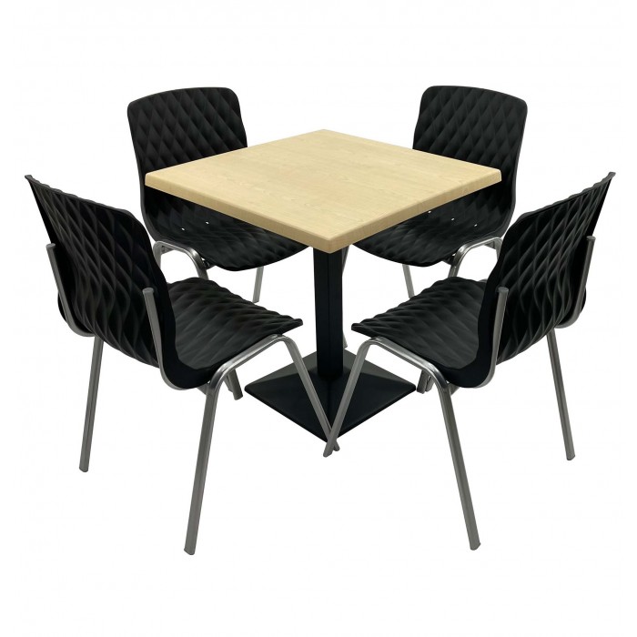 Set mobila de terasa, restaurant RAKI MAPLE, masa patrata 80x80cm cu blat werzalit si baza metalica culoare neagra si 4 scaune ROYAL negre