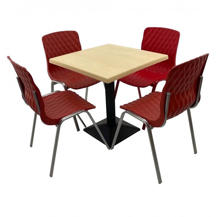 Set mobila de terasa, restaurant RAKI MAPLE, masa patrata 80x80cm cu blat werzalit si baza metalica culoare neagra si 4 scaune ROYAL rosii
