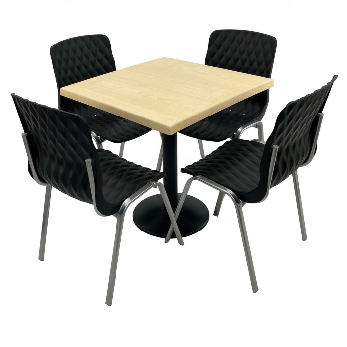 Set mobila de terasa, restaurant RAKI MAPLE, masa patrata 80x80cm cu blat werzalit si baza metalica neagra si 4 scaune ROYAL negre