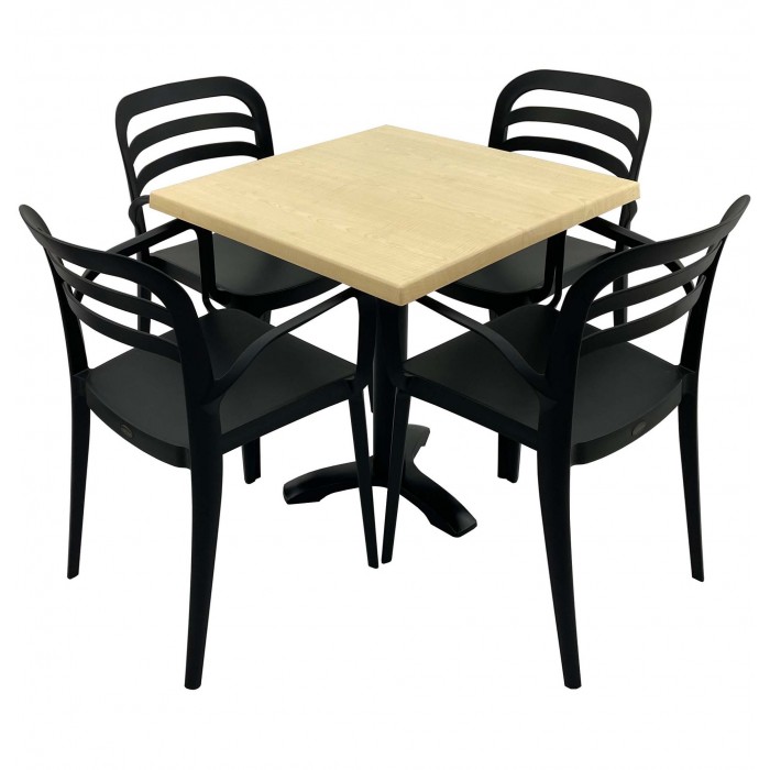 Set mobila de terasa, restaurant RAKI MAPLE, masa patrata 80x80cm cu blat werzalit si picior metalic negru si 4 scaune negre ASPENDOS cu brate