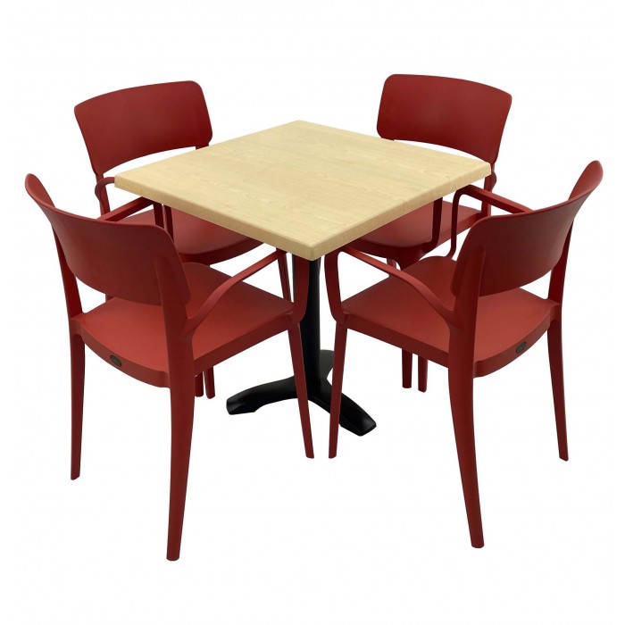 Set mobila de terasa, restaurant RAKI MAPLE, masa patrata 80x80cm cu blat werzalit si picior metalic negru si 4 scaune rosii PANORA cu brate