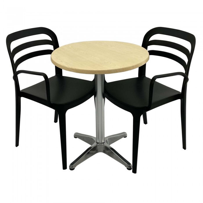 Set mobila de terasa, restaurant RAKI MAPLE, masa rotunda D60cm cu blat werzalit si baza aluminiu si 2 scaune negre ASPENDOS cu brate