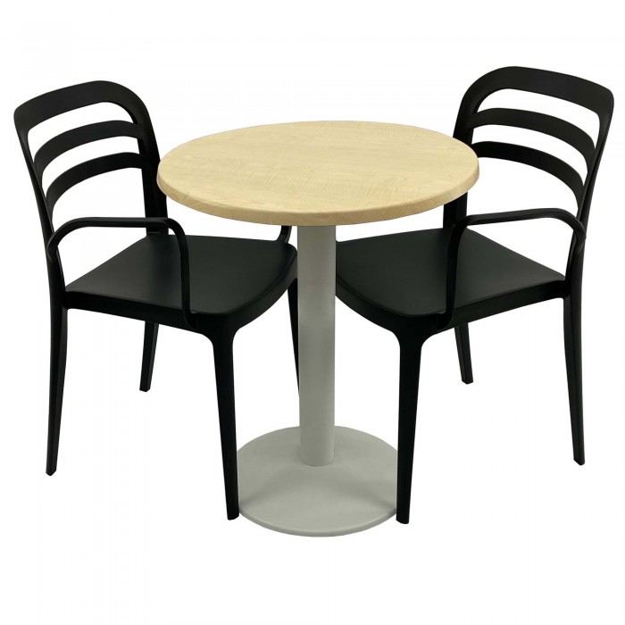 Set mobila de terasa, restaurant RAKI MAPLE, masa rotunda D60cm cu blat werzalit si baza metalica alba si 2 scaune negre ASPENDOS cu brate