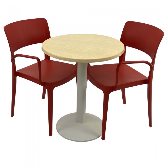 Set mobila de terasa, restaurant RAKI MAPLE, masa rotunda D60cm cu blat werzalit si baza metalica alba si 2 scaune rosii PANORA cu brate