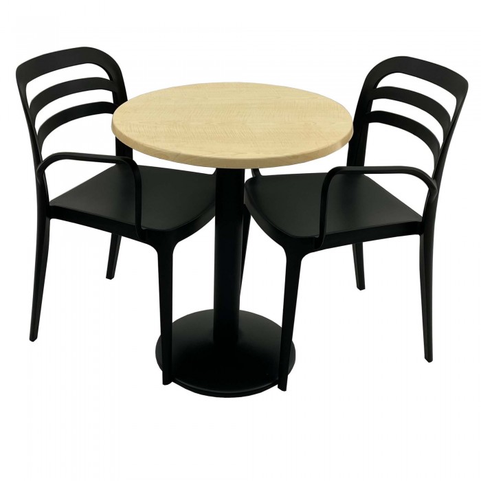 Set mobila de terasa, restaurant RAKI MAPLE, masa rotunda D60cm cu blat werzalit si baza metalica culoare neagra si 2 scaune negre ASPENDOS cu brate