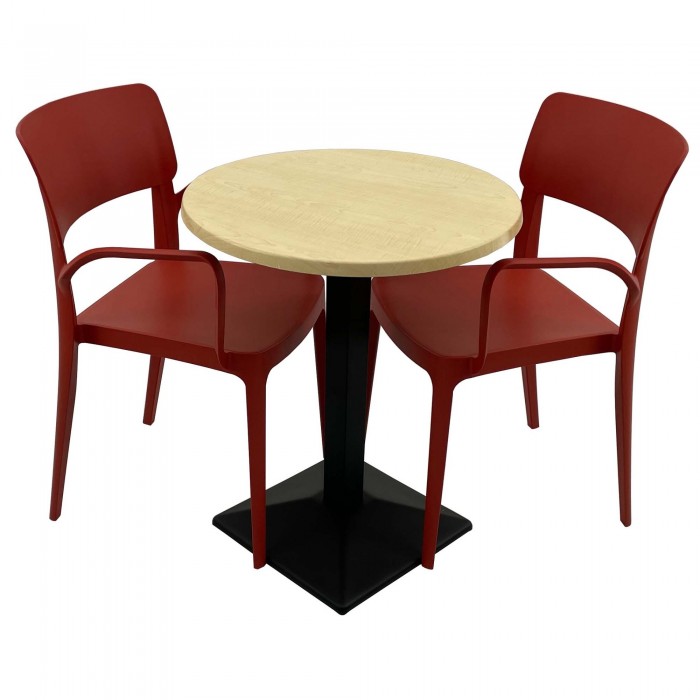 Set mobila de terasa, restaurant RAKI MAPLE, masa rotunda D60cm cu blat werzalit si baza metalica culoare neagra si 2 scaune rosii PANORA cu brate