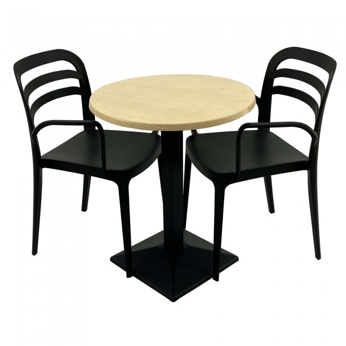 Set mobila de terasa, restaurant RAKI MAPLE, masa rotunda D60cm cu blat werzalit si baza metalica neagra si 2 scaune negre ASPENDOS cu brate