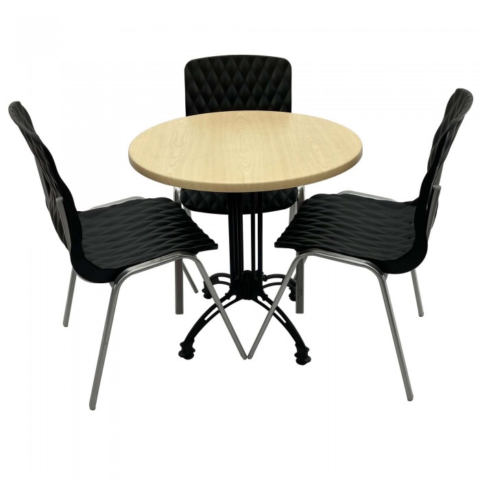 Set mobila de terasa, restaurant RAKI MAPLE, masa rotunda D70cm cu blat werzalit si baza aluminiu retro si 3 scaune ROYAL negre