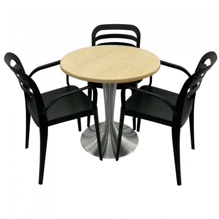Set mobila de terasa, restaurant RAKI MAPLE, masa rotunda D70cm cu blat werzalit si baza aluminiu si 3 scaune negre ASPENDOS cu brate