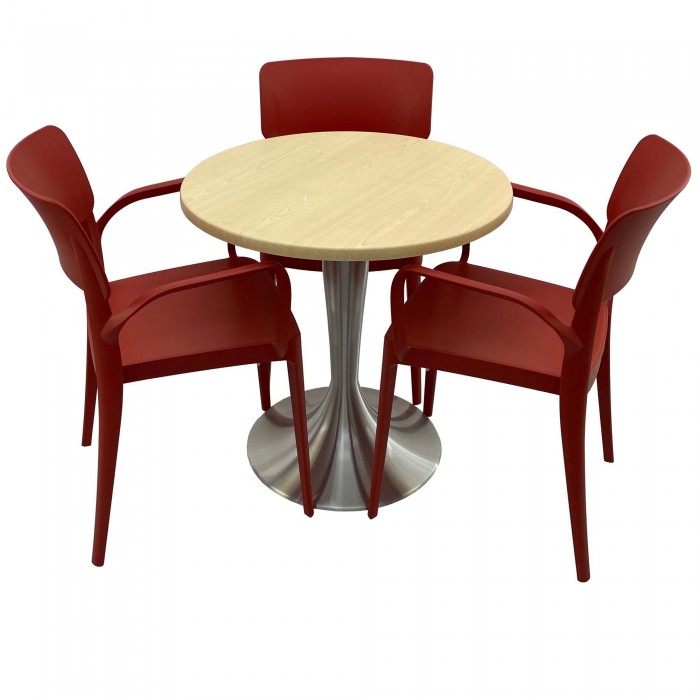 Set mobila de terasa, restaurant RAKI MAPLE, masa rotunda D70cm cu blat werzalit si baza aluminiu si 3 scaune rosii PANORA cu brate